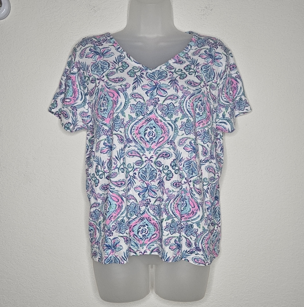 Stella Parker 100% Cotton Boho Feminine Print Blue Pink V-Neck Short Sleeve Tee